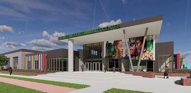 Architectural rendering of community center entrance with a large mural and 